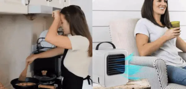 Split image. left side, GIF woman cooking and using Chiller Portable AC, right side, woman relaxing on couch next to Chiller Portable AC